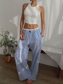 DAZY 简约休闲纯色背心和条纹睡裤女式两件套睡衣套装