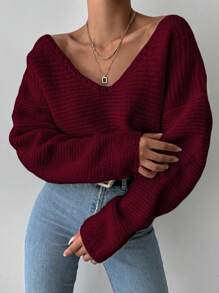 EURMUSE Women's Solid Color V-Neck Long Sleeve Casual Sweater, Autumn/Winter - Burgundy - View 1