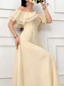 Modelyn 女士纯色荷叶边露肩吊带连衣裙，优雅 - 杏色 - 查看 3