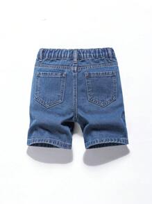 Young Boy Vintage Stylish Red & Black Plaid Patchwork Distressed Denim Casual Shorts, Fashionable - Dark Wash - View 2