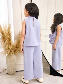 SHEIN 2pcs Set Young Girl Elegant Mock Neck Floral Top & Pants Holiday Outfits - Purple - View 2