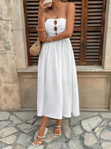 Breezaya Sleeveless Solid Color Hollow-Out Metal Decor Vacation Dress For Women