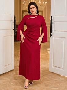 Modelyn Vestido elegante para mujer de talla grande, de unicolor, con pliegues, volantes y abertura en la manga - Burdeos - Ver 4