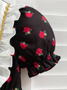 SHEIN رمضان فستان جيرزي منقوش بنمط زهري لفتاة شابة، مزين بطوق وكسرات على الذيل، مريح للخروجات مع حزمة إكسسوارات ، مناسب للاحتفالات المحلية - الأسود - مشاهدة 5