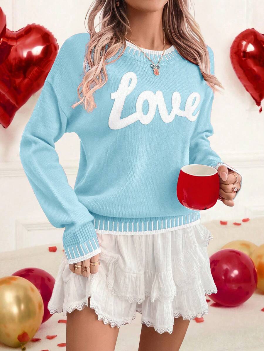 SHEIN LUNE 女款情人节撞色“情书”图案宽松休闲毛衣针织套头衫秋冬