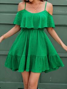 Ellevyn Green Summer Elegant Women's Textured Fabric Plaid Shoulder Strap With Ruffle Edge Collar And Waist Cinched A-Line Ruffle Hem Dress