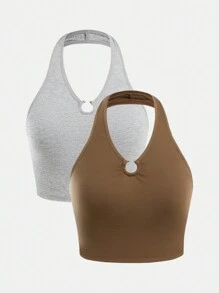 2pcs/Set Teenager Girls' Fashionable Halter Neck Camisoles, Grey + Brown
