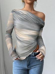 Firerie Women's Asymmetric Neck Tie-Dye Print Long Sleeve T-Shirt - Multicolor - View 4