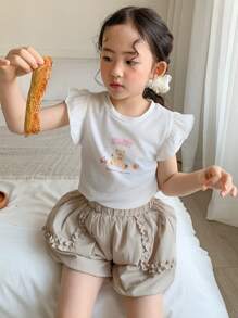 DAZY 2 件套 少女熊标语印花盖袖上衣和短裤套装 - 白色 - 查看 2