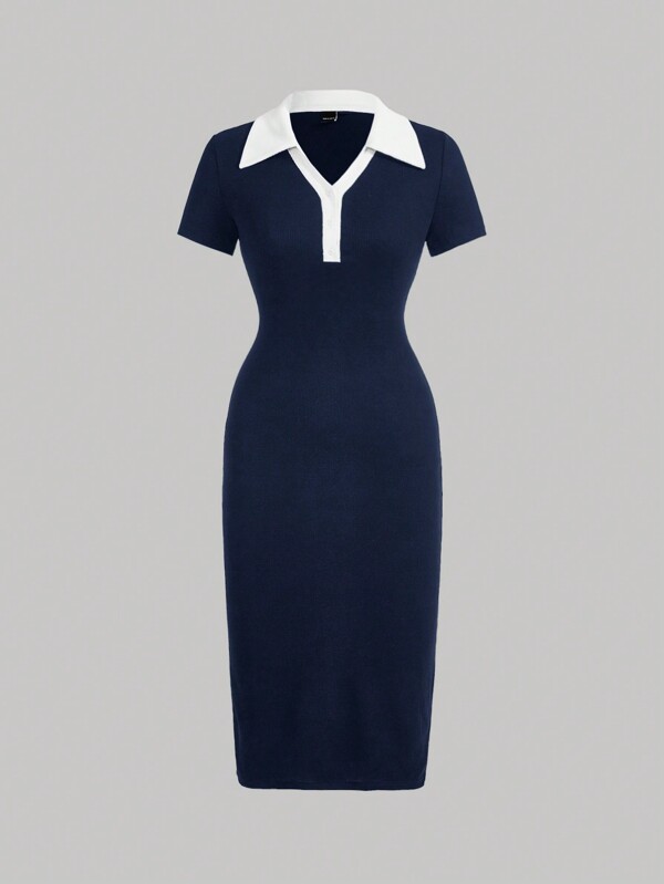 SHEIN MOD Preppy Style Navy And White Contrast Collar Button Front Dress