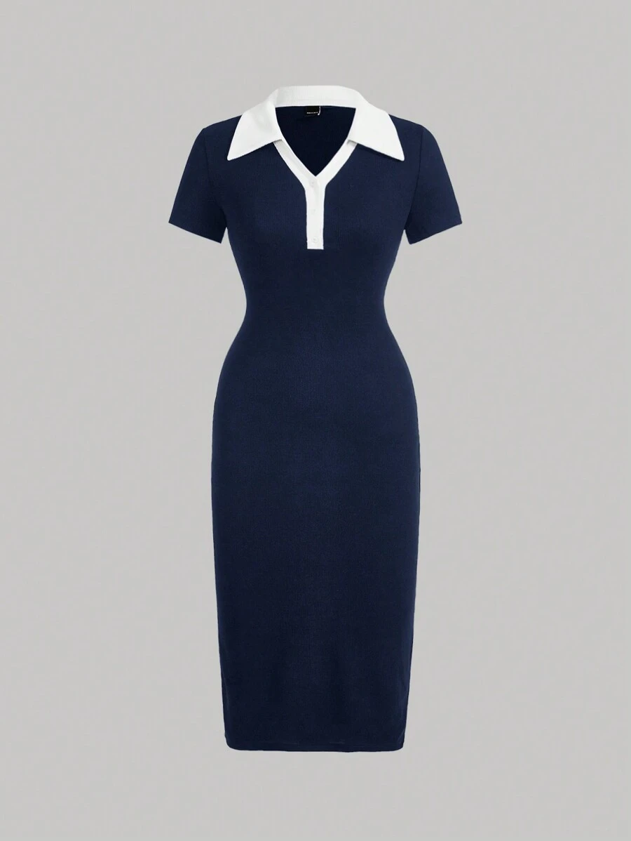 SHEIN MOD Preppy Style Navy And White Contrast Collar Button Front Dress - Navy Blue - View 1