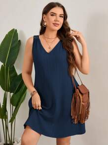 SHEIN LUNE Plus Size Women V-Neck Khaki Sleeveless Dress - Navy Blue - View 3