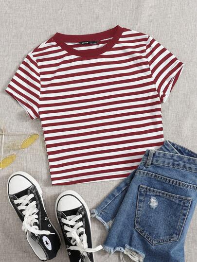 SHEIN EZwear Women's Basic Striped Crew Neck Knit T-Shirt