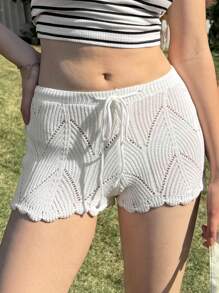 SHEIN EZwear 女士纯色镂空抽绳腰休闲短裤 - 白色 - 查看 4