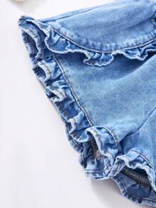 SHEIN 2 Stück/Set 2025 Neue Baby Mädchen Blaue Denim Volantärmel Oberteil und Shorts Set