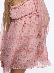 MISSGUIDED Milkmaid Mini Dress Floral Chiffon Long Sleeve Ruffle Hem Spring Wedding Guest Party Empire Waist Dreamy Flowy Special Occasion - Baby Pink - View 3