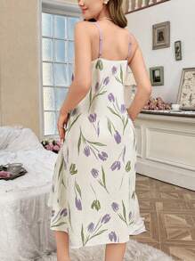 CottageSlumber Romantic Countryside Tulips Design Contrast Color Sleeveless Women Nightgown - White - View 2
