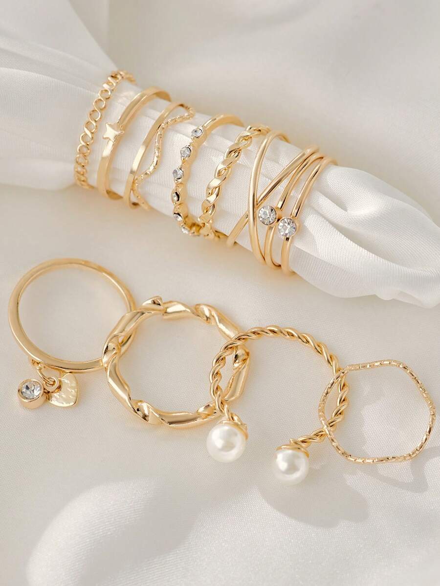 Set da 20 pezzi di ciondoli e anelli a forma di cuore decorati con perle finte e strass, adatti come regali di Natale e per l'inverno per le donne - Oro giallo - Visualizzare 1