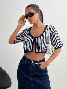 EURMUSE Women Contrast Trim Short Sleeve Open Front Lightweight Cardigan - Multicolor - View 3