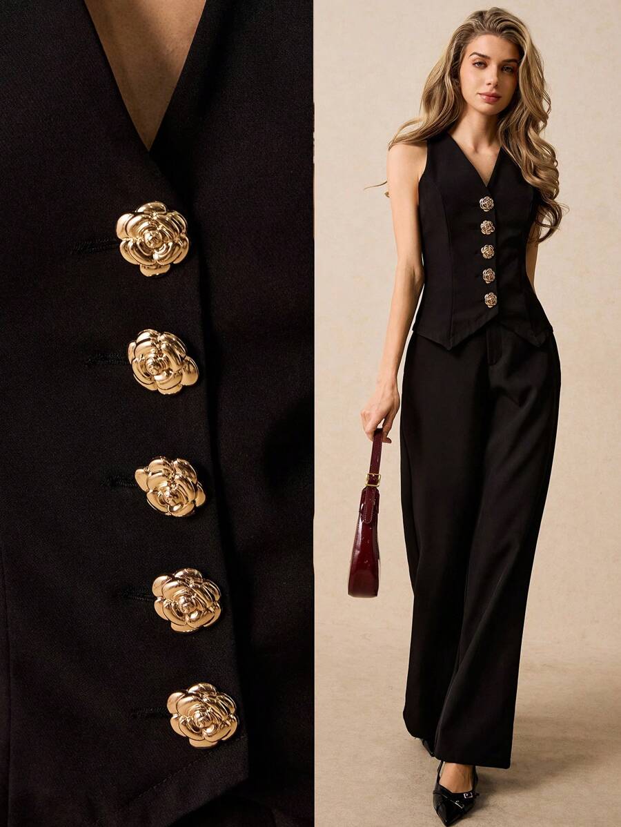 Poéselle Bộ áo vest và quần họa tiết hoa 3D dành cho nữ mùa thu/đông - màu đen - Xem 1