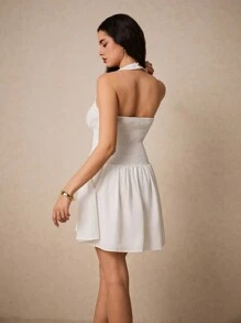 Poéselle Women's Solid Color White Halter Neck Elegant Short Dress,Backless Dress,White Dress