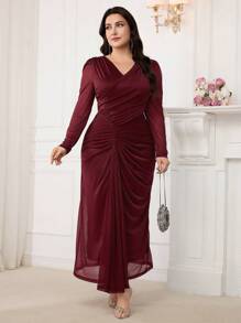 Modelyn Plus Size Simple Fashion Casual Daily Long Sleeve Solid Color Dress - Burgundy - View 3