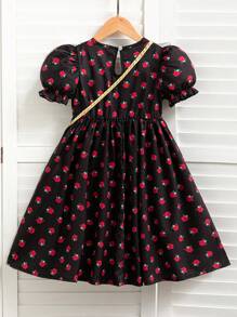 SHEIN رمضان فستان جيرزي منقوش بنمط زهري لفتاة شابة، مزين بطوق وكسرات على الذيل، مريح للخروجات مع حزمة إكسسوارات ، مناسب للاحتفالات المحلية - الأسود - مشاهدة 2