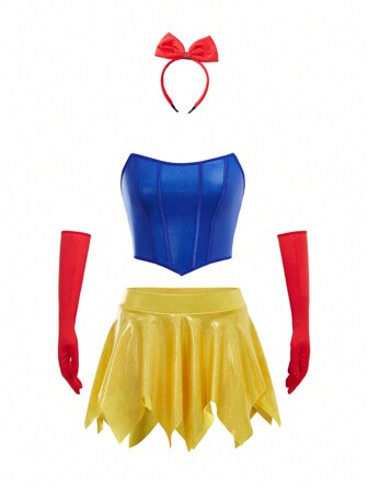 4pcs  Set: Headband + Gloves + Skirt + Top, Blue & Yellow Color Block, Suitable For Teens