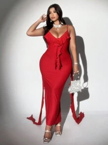 Viva Relle Vestido de tirantes con escote en V y volantes para mujer talla grande, romántico para citas de San Valentín, fiestas y días festivos