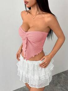 SHEIN PETITE 度假女士杏色针织纹理抹胸搭配扭曲不对称下摆背心 - 粉色 - 查看 8