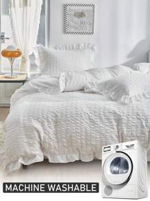 2/3件套白色泡泡雪纺涤纶被套，荷叶边设计，时尚可爱，四季皆宜，是青少年和学生返校的理想之选，柔软透气（1个被套+1/2个枕套，不含填充物） - 白色 - 查看 5