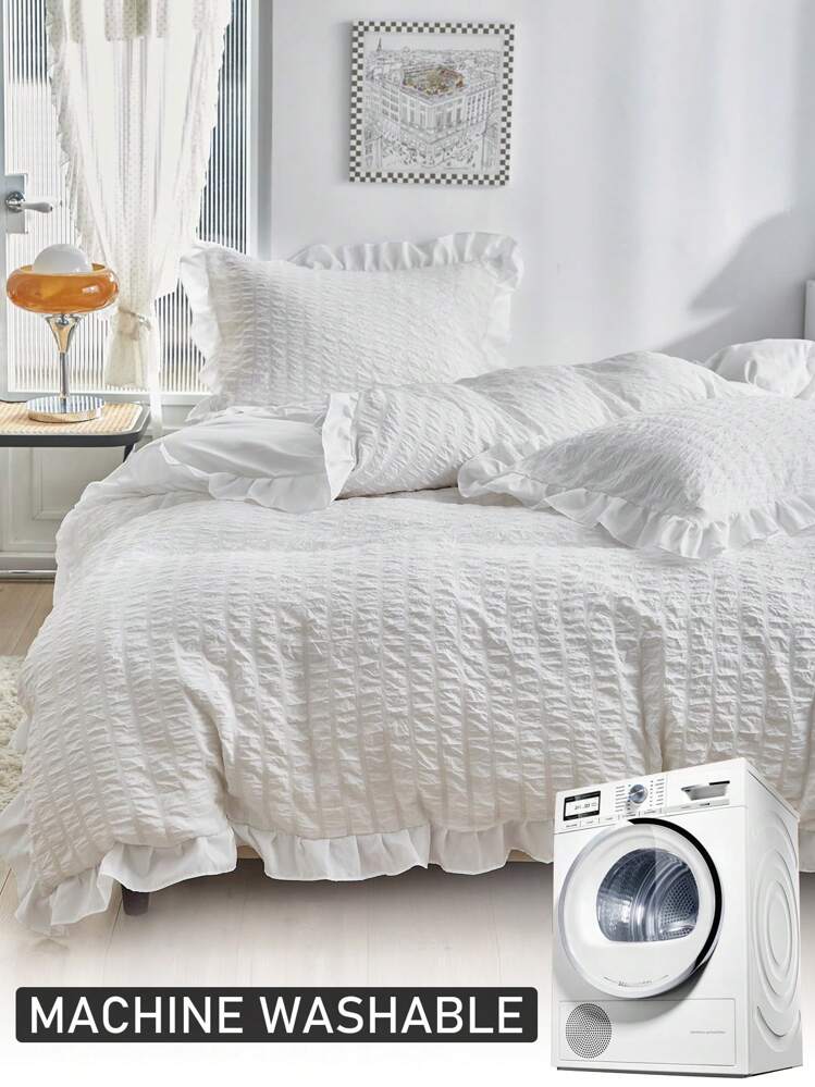 2/3pcs White Bubble Chiffon Polyester Duvet Cover Set With Ruffle Edges, Modern Fashionable & Cute, Suitable For All Seasons, Ideal For Teenagers And Students Back To School, Soft & Breathable Duvet Cover (1 Duvet Cover + 1/2 Pillow Sham, Filling Not Included) - White - View 5