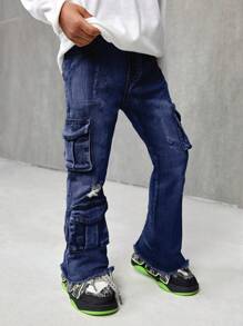 SHEIN Young Boy Distressed Fashionable Street Cool Multiple Pockets Ripped Frayed High Stretch Skinny Cargo Jeans, Leisure And Versatile For Kids Fall/Winter Indoor/Outdoor Wear - Dark Wash - View 7