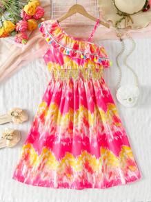 فستان عطلة البنات، فساتين رقمية حريرية مطبوعة بتصميم صباغة ربطة متغير خصر عالي مكشكش الحافة ومزين بشراريب ملونة، طراز جميل وحلو، مناسب للاستخدام اليومي وعطلات الصيف