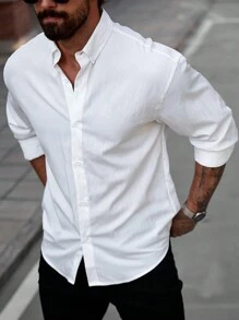 Manfinity Homme Plus Size Men's Solid Color Long Sleeve Single-Breasted Casual Shirt, For Fall - White - View 5