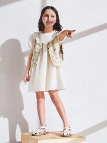 SHEIN Young Girls' Yellow Plaid Floral Print Cotton V-Neck Sleeveless Jacket, Suitable For Spring And Winter