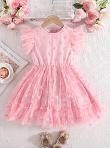 SHEIN 1 Pc Little Girls Round Neck Cap Sleeve Polka Dot Mesh Dress - Pink - View 3