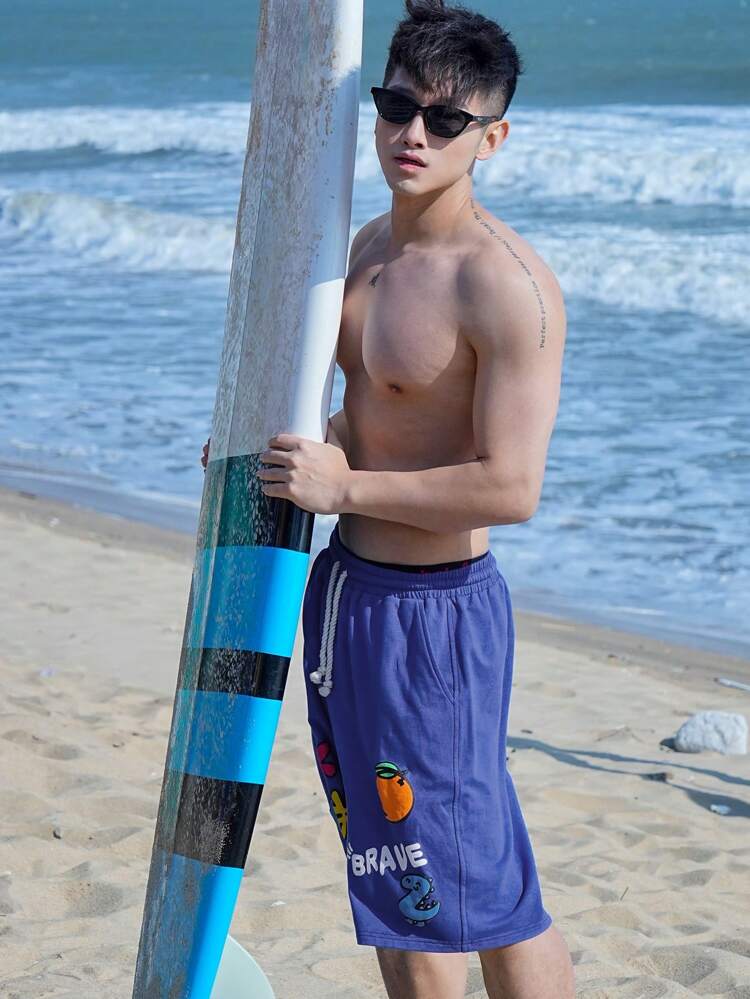 Men's Blue Letter Print Beach Shorts, Summer Holiday