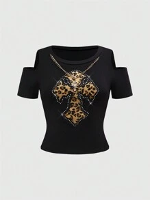ROMWE Grunge Punk Vintage Sexy Open Shoulder Leopard Print Cross Rhinestone Tee With Chain Decor For Women