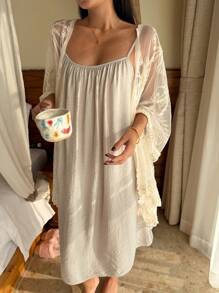 DAZY 2pcs Women Loose Lace Pajama Set, Fall Winter Clothes - Apricot - View 3