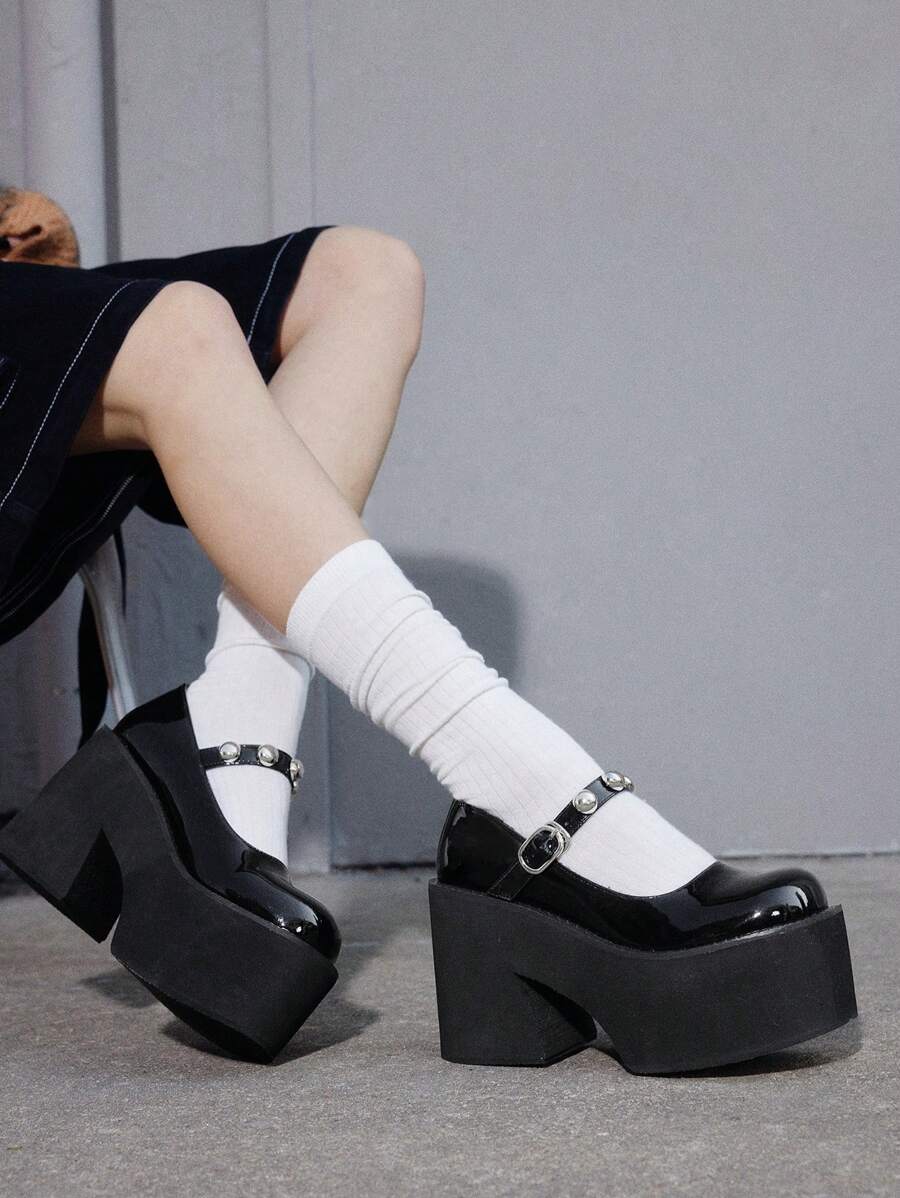 Sugerpunk 女士黑色高跟厚底玛丽珍鞋，时尚厚底秋季鞋 - 黑色 - 查看 1