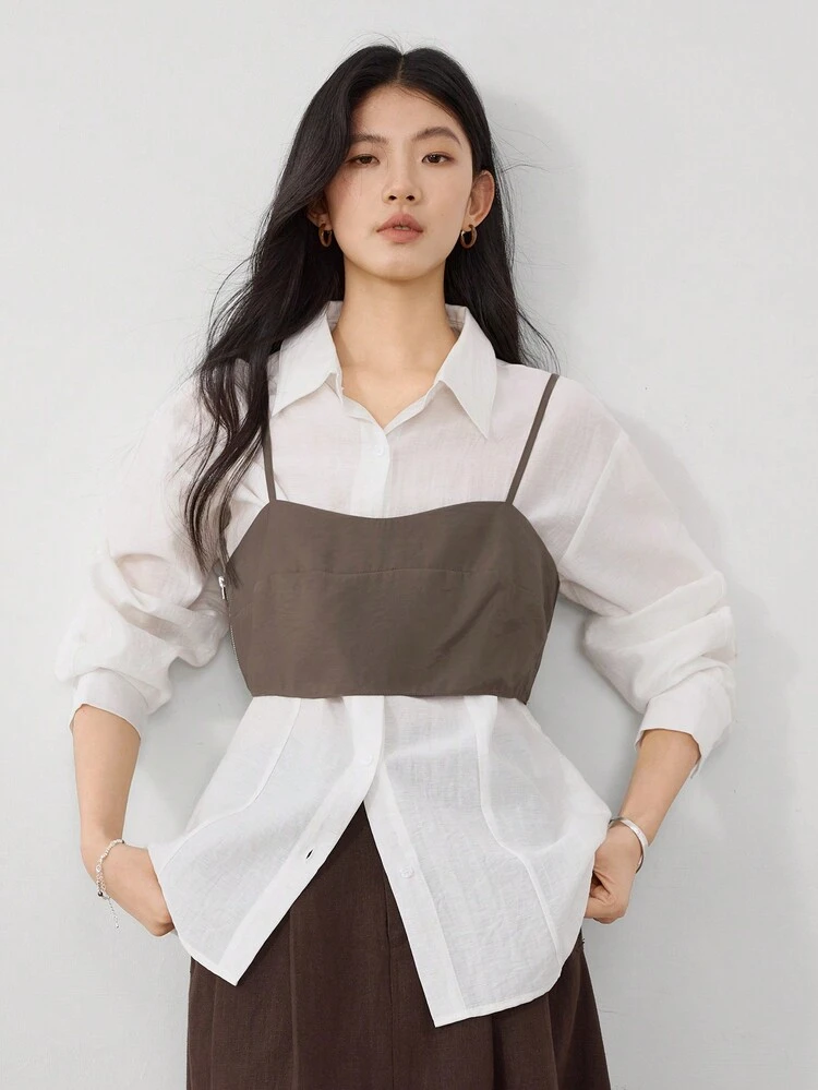 2pcs/Set Women Business Casual Chiffon Camisole Vest And Shirt Set,Fall Women Clothes