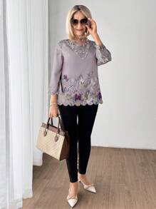 SHEIN LUNE Women's Elegant Lace Collar Positioned Pattern Print Long Sleeve Shirt - Multicolor - View 4