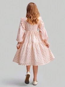 Ontre Tween Girls' Vintage Countryside Resort Polka Dot Decor Puff Sleeve Ruffle Zoom Fit & Flare Casual Comfy Homewear Of Back To School Dress, Lente/Zomer