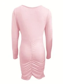 Robe mini ajustée sexy col V unicolore pour femme - Rose bonbon - Voir 2