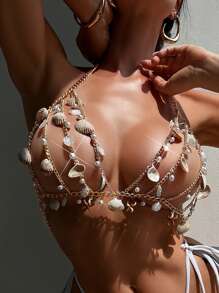 SHEIN Swim 1pc Women's Beach Seashell Decorative Sexy Halter Cover Up Body Chain For Springbreak - Gold - View 4
