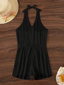 Swim Basics Summer Outfits For Women Summer Vacation Beach Solid Color Drawstring Waist Backless Halter Cover Up Romper - Black - View 5