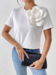 Chiquease Women's Solid Color Crew Neck 3D Flower Short Sleeve T-Shirt, Versatile For Spring & Summer - White - View 5