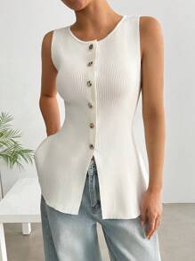 SHEIN EZwear Women Single Breasted Sleeveless Knit Top - White - View 4
