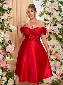SHEIN Belle Vestido de Baile Longo Elegante de Luxo Vermelho com Lantejoulas, Recortes em Cetim, Manga Longa, Cintura Baixa, Tule Transparente, Modelo Evasê, Vestido Convidado de Casamento, Vestido para Dia dos Namorados, Vestido de Festa, Vestido de Formatura - Vinho - Visão 6